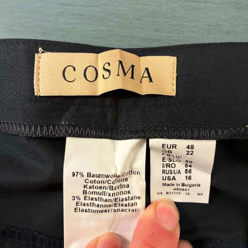 Cosma Trousers Womens 16 Black Stretch Cotton Straight Leg Pants Minimalist